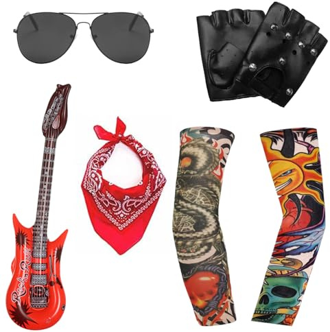 Bulivora 7Pcs Rockstar Costume Set – 80s Heavy Metal Fancy Dress Kit with Wig, Bandana, Glasses, Gloves & Accessories for Kids & Adults