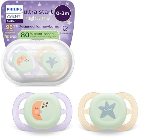 Philips Avent Sucettes de nuit ultra start, Tétines orthodontiques, pour nouveau-nés, phosphorescentes, en silicone souple d'origine végétale, sans BPA, avec étui de stérilisation, lot de 2, SCF075/17