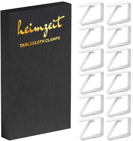 heimzeit Pinzas para Sujetar Manteles de Acero Inoxidable [12Piezas, 6,5 cm] Color: Blanco, Sujetamanteles para Uso Exterior e Interior, Pinzas para Mesas con un Grosor máximo de 3-5 cm