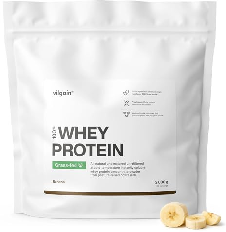Vilgain Grass Fed Whey Protein Pulver (2000g) Banane – Eiweißpulver aus Weidemilch, Mit Stevia Gesüßt, Ohne Zuckerzusatz, High Protein Shake für Muskelaufbau