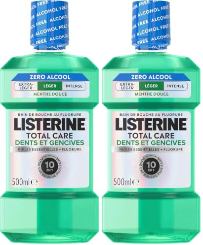Listerine – Bain de Bouche Total Care Dents et Gencives Goût Plus Léger 0% Alcool (bouteille de 500 ml) – Soin bucco-dentaire 10 en 1 – Bain de bouche sans alcool pour une haleine fraîche durable