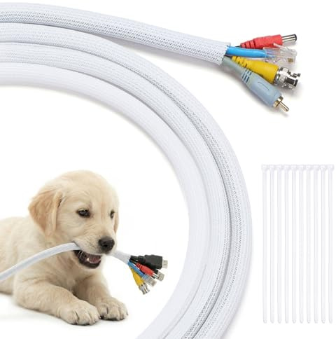 Yecaye Cable Tidy Sleeve 10ft (3m), 1/2 inch (13mm) Split Braided Cord Protector Wire Loom, Pet Chew Proof Cable Management for TV PC USB, with 10 Free Zip Ties (White) | Split Cable Management Sleeves, Wire Loom Tubing for TV USB Cord Protector, Cord Covers for Pets Bite-Resistant