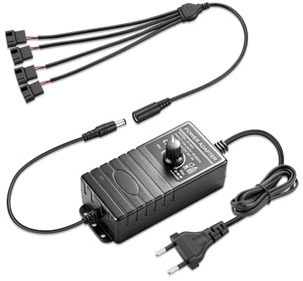 GDSTIME 36 W 12 V PC Ventilador Velocidad Controlador Regulable Fuente de Alimentación Ventilador Regulador de Velocidad 4 Vías con 3 Pin 4 PinSplitter Cable AC 220V-230V a 4V -12V DC 3A para PC Fan 3