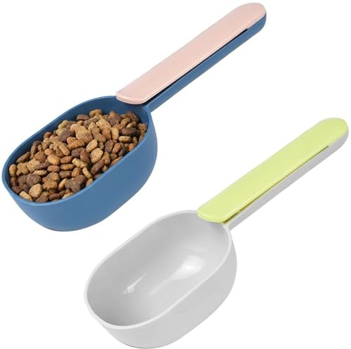 Misurino per Alimenti Cani e Gatti con Clip 2 Pezzi 20.5x8 cm | Materiale ABS Resistente, Crocchette e Snack, Fissaggio al Sacchetto, Prelievo Pulito, Pulizia con Panno