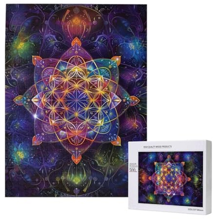 Mandala-Blume, heilige Geometrie, bunt, schwarz, personalisierbar, 500-teiliges Holzpuzzle für Erwachsene, individuelles Portraitbild