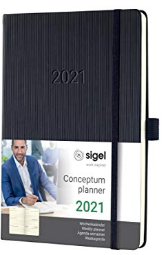 SIGEL C2112 Terminplaner Wochenkalender 2021, ca. A5, schwarz, Hardcover mit vielen Extras, Conceptum - weitere Modelle