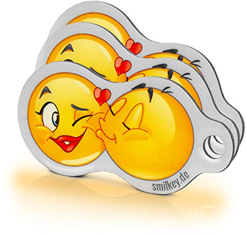 Einkaufswagenlöser ® Kuss-Smiley/Schlüsselanhänger Einkaufschip mit Schlüsselfundservice/Abziehbarer Einkaufswagenchip Metall, Chip Einkaufswagen, Key Finder / 3 Stück