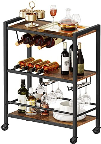 HOOBRO Bar Cart, 3-Tier Coffee Cart with Wheels, Kitchen Cart, Wine Cart with Wine Rack and Glass Holder, Rolling Serving Cart for Home, Living Room, Party, Bar, Rustic Brown and Black BF35TC01G1