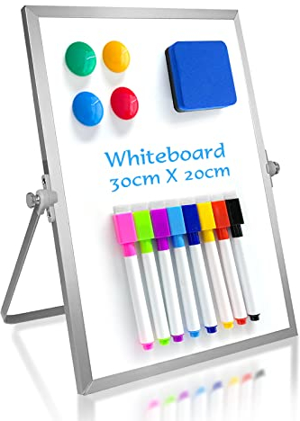 OWill Tableau blanc noir effaçable à sec, 30 x 20 cm, mini tableau blanc magnétique avec support, chevalet portable double face pour le dessin à l'école et à la maison