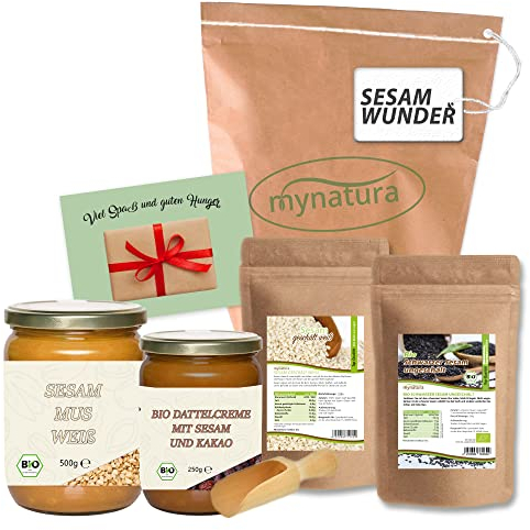Mynatura SesamwunderI Schwarzer Bio Sesam ganz + Bio Sesam Mus + Weißer Sesam geschält + Bio Dattelcreme mit Sesam und Kakao + Löffel + Karte I Sushi Abend I Kochen