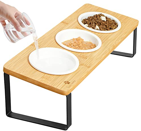 GUUSII HOME Katzennapf Erhöht Futternapf Katze Futterstation, Keramik Napf, Fressnapf 3er Set Holz, Cat Bowl Ø12cm Ergonomischer Katzennäpfe 3 Teilig Katzenfressnapf (Holzfarbe)