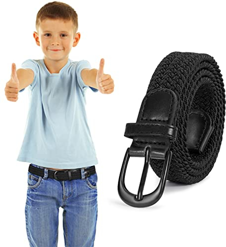 WHIPPY Geflochtener Kinder Gürtel für Jungen Mädchen Elastischer Stoffgürtel Gewebte Stretch Gürtel für Teenager Junioren,Schwarz,85cm