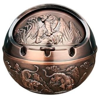 Metal Ashtray with Lids, Windproof, Cigarette Ashtray for Indoor or Outdoor Use，Ash Holder for Smokers,Desktop Smoking Ash Tray for Home Office Decoration (Copper Tiger)