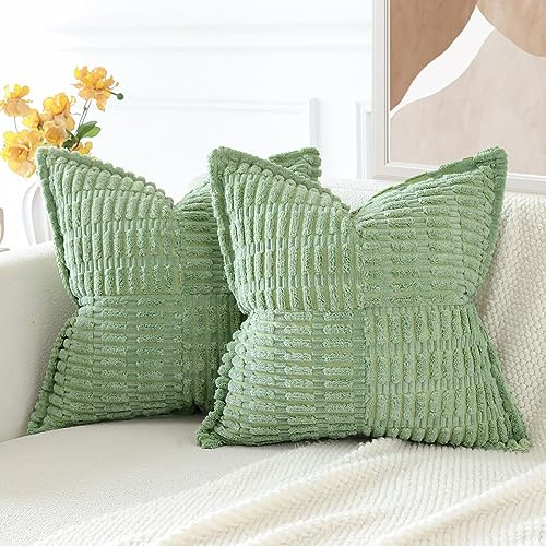 JOTOM 2er Set Kordsamt Einfarbig Kissenbezüge Weiche Moderne Kissenhüllen Dekorative Zierkissenbezug für Wohnzimmer Schlafzimmer Bohnengrün 50x50 cm