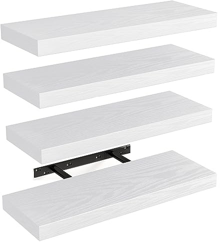 Fixwal White Shelves for Wall, 15.8in Rustic Wood Finish Floating Wall Shelves Set of 4, Shelves for Wall Decor, with Invisible Brackets for Bathroom, Living Room,Bedroom and Kitchen