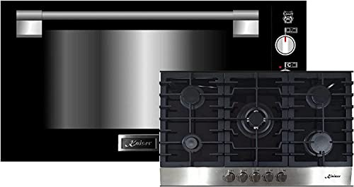 Kaiser Backofen-Set EG 9371+KCG 9386, Einbau Gas Backofen 90 cm 79L autark Grill Selbstreinigung Schwarz Glas+Gas-Kochfeld,Einbau Herd,Schwarz Glas, 3,8 KW WOK,Erdgas,Propangas