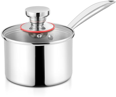 Herogo Stainless Steel Milk Pan (Size 3) - Cazo con mango (18 cm, acero inoxidable con tapa visible, olla con mango largo, resistente al calor y robusto)