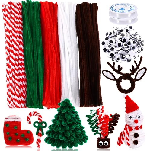 UPINS 550-teiliges Weihnachtspfeifenreiniger-Set mit 5 Farben Chenille-Stielen und Wackelaugen für Weihnachtsfeier, Bastelbedarf, Dekoration