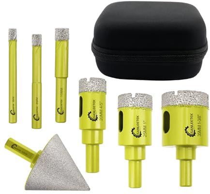 Juego de Brocas Diamante 7piezas - (6/8/10/20/25/35mm+50mm Hexagonal Broca de Chaflán) SANLEETEK Sierra Perforadora con Vástago Redondo para Cerámica Porcelánico Mármol Granito