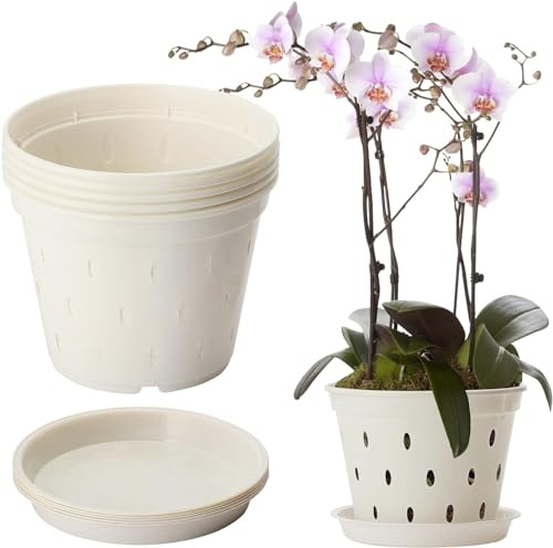 DADEA Orchideentöpfe, 5 Stück, 14 cm, Orchideentopf mit Drainagelöchern und Untersetzern, transparente Kunststoff-Orchideentöpfe, Orchideen-Pflanzgefäß zum Umtopfen, Garten-Pflanzgefäße für Home