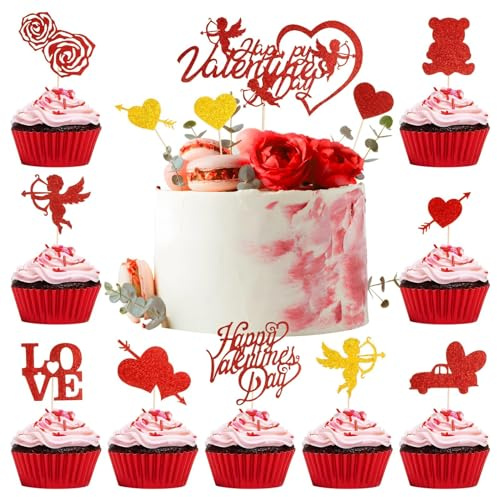 BETESSIN 19x Cake Topper Valentinstag Kuchen Deko Happy Valentine's Day Glitzer Herzen Cupcake Topper Rot Gold Kuchenaufsatz für Valentinstag Hochzeit Jubiläum Party