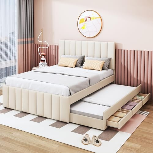 MQLAE Kinderbett Polsterbett 140 x 200 cm mit Ausziehbett und Schubladen, hautfreundliche Leinenpolsterung, Gepolstertes Kopfteil Bett, Doppelbett, Jugendbett, Ausziehbares Bett (Beige)