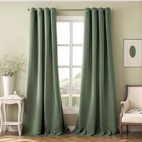 MIULEE Sage Green Velvet Curtains for Bedroom 2 Panel Set 88 Inch Drop Curtains, Soft Elegent Home Decor Velvet Curtain Living Room, Sun Blocking Room Darkening Thermal Eyelet Curtain 55x88 Inch