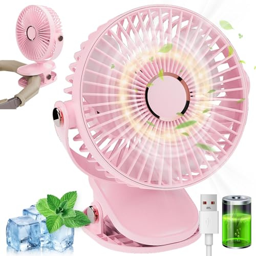 MUXIWOM Clip Ventilator Tischventilator USB Ventilator Klein, 5000mAh Akku Mini Ventilator, Kleiner Ventilator Leise, 5 Geschwindigkeiten 720°Drehung, USB-Ventilatoren für Zuhause Büro Camping(Rosa)