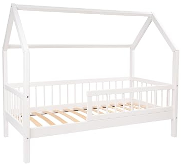 Alije Kinderbett Bett mit Rausfallschutz 70x140 Weiß Lena Lattenrost Bettgestell aus Kiefer Holz für Haus Kinder Jungen & Mädchen - Holzbett Baby Kinderzimmer Junge Deko