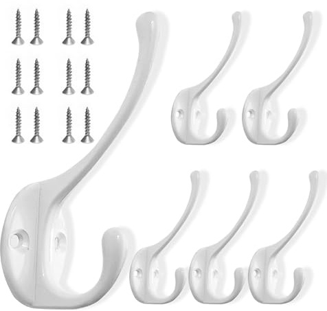 6 Pezzi Ganci Appendiabiti Vintage, Ganci Appendiabiti da Parete Neri, Doppi Ganci da Muro in Metallo, gancio doppio con 12 viti, Gancio Appendiabiti, per Camera da Letto, Guardaroba, Bagno (Bianco).