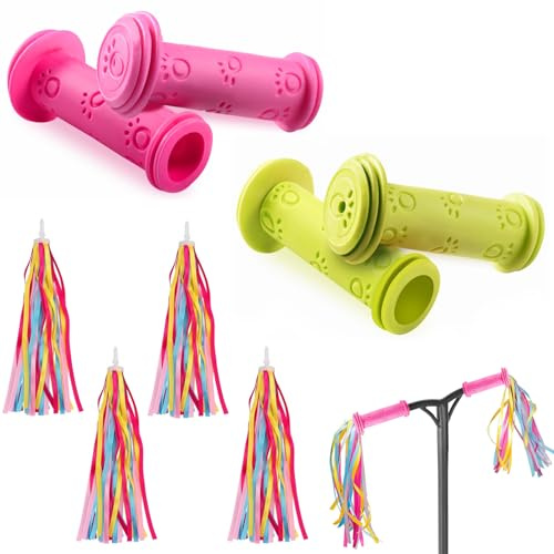 VireEyU Manopole per bici per bambini con nappe, verde - Set con 1 paio di manopole per manubrio e 1 paio di frange colorate per manubrio, manopole in gomma per manubrio della bicicletta.(verde)