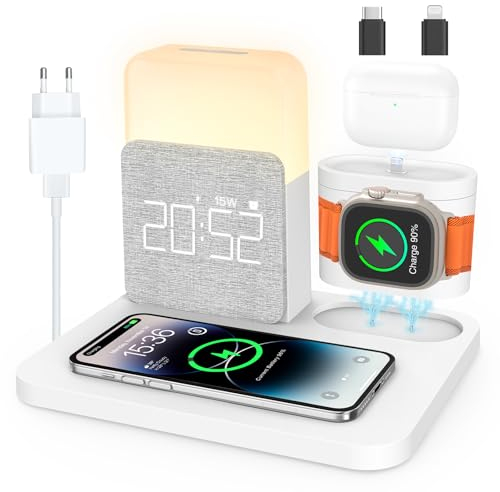 COLSUR 3 en 1 Chargeur Induction Apple Watch iPhone AirPods, Station De Charge Samsung, Lampe de Chevet Chambre Tactile, Réveil, téléphones Accessoires sans Fil 17/16/15/14/13, Decoration Chambre