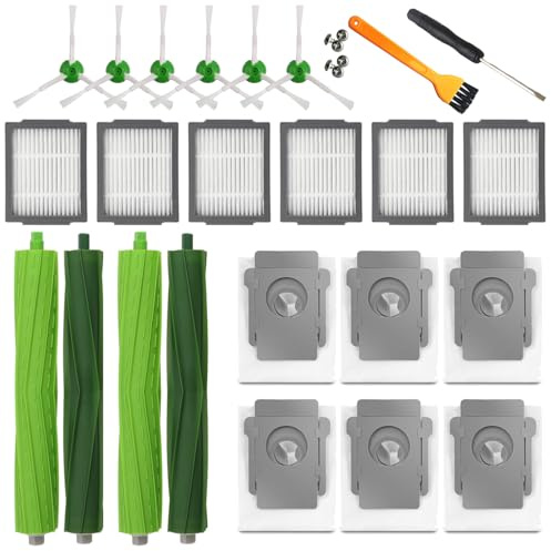 MIRTUX Pack Compatible con Roomba Series i i3+ i5+ i7 i7+ - Kit de Accesorios con 2 Pack de extractores, 6 Filtros, 6 Cepillos Laterales, 6 Bolsas autovaciado, 1 Herramienta de Limpieza, etc
