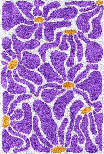 N.LANSHAN Diy Knüpfteppich Zum Selber Knüpfen Lila Blumen Diy Bastelset Einfaches Muster Knüpfhaken-Sets Diy Teppichherstellung Basteln Mit Buntem Muster Bedruckt，Stickset Nähsets 21x29in