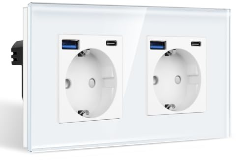 CNBINGO Doppelsteckdose Unterputz mit 2x USB-A/C Max.2,1A, Glas Weiß | Schuko Steckdose mit USB-A und Typ-C Anschluss, 2-Fach Wandsteckdose Kindersicherung mit Glasrahmen, Horizontal/ Vertikal