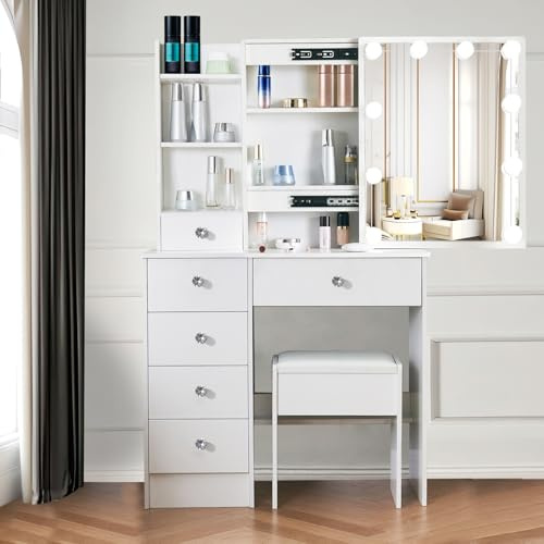 Aovquof Tavolo da toeletta con illuminazione a LED, tavolo da toeletta con specchio per trucco, tavolo cosmetico con specchio, 3 colori con luminosità regolabile, bianco M39