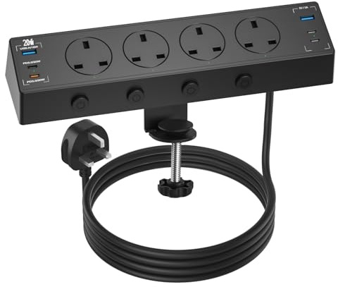 Desk Power Socket USB C 20W, 4 Way Desktop Socket Individually Switchable with 4 USB C and 2 USB A, Desk Extension Lead, Overload Protected Power Strip 2M for Home Office (Black)