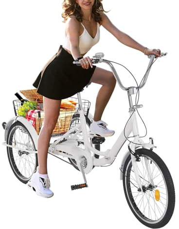 HuKaiL 20 Zoll Faltbar Dreirad für Erwachsene,EIN-Gang Klappbar Dreiräder mit Einkaufskorb, Höhenverstellbares Dreirädriges für Erwachsene und Senioren zur Freizeitgestaltung, Weiß