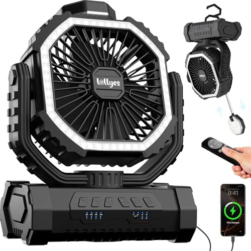 lollyes Ventilatore da Campeggio con Luce, Alimentazione a Batteria 20000mAh, Ventilatore Portatile Ricaricabile con Telecomando e Gancio Rotante a 360°, 4 Velocità per Interni, Viaggi, Camper (Nero)