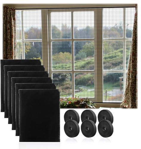 May Huang 6 Stück Fliegengitter Fenster, 150x130cm Fliegennetz Fenster mit 6 Rollen Selbstklebend, Insektenschutz Fenster, Moskitonetz Fenster, hält Fliegen/Mücken Draußen (Schwarz)
