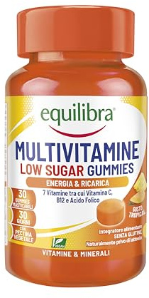 Equilibra, Multivitaminico in Gummies Low Sugar, Pastiglie Gommose, Vegan, Integratore Energia, 7 Vitamine, Vitamina C, B12 e Acido Folico, a Base di Pectina, Senza Glutine, Gusto Tropical, 30 Gummies