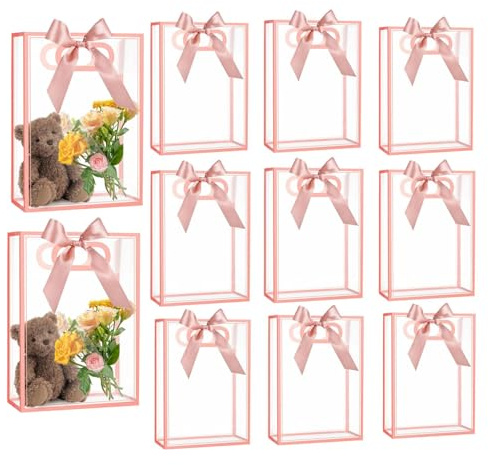 12 Stück klare PVC-Geschenk-Tasche mit Griffen, Kunststoff-Party Gunst Taschen mit Band, wiederverwendbare transparente Taschen für Hochzeit Braut Baby Dusche Geburtstag (Rosa, 15 x 24 x 8 cm)