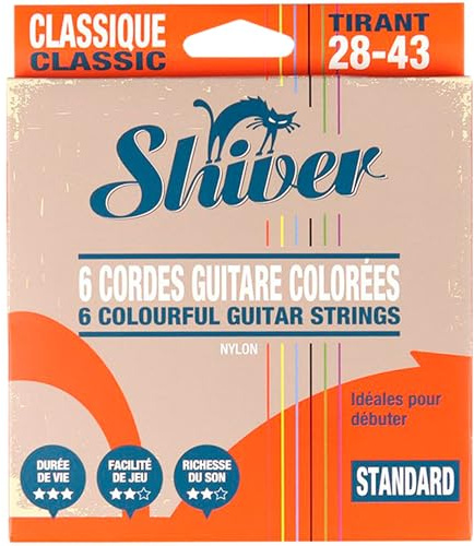 Shiver 6 klassische Saiten Color 28-43: Farbige Nylon-Saiten für klassische Gitarre, ideal für Anfänger, die Komfort und einfaches Lernen suchen.