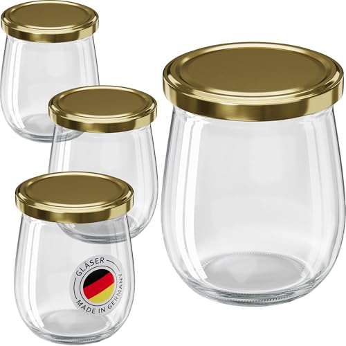WELLGRO 12x Einmachgläser mit Schraubdeckel - 417ml - Deckel To 82 gold - Made in Germany - Vorratsgläser mit Deckel, Gärglas, Dessertgläser