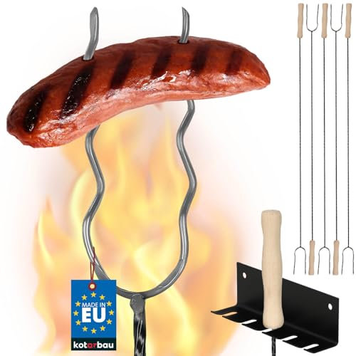 KOTARBAU® Grillspieße Grillgabel Stahldraht Lagerfeuerspieße 100 cm Set mit 5 Stück + Aufhänger Holzgriff Grillzubehör Wurstgabel Grillspieße Wellige Wurststäbchen Grill Gadgets Lagerfeuer Spieße lang