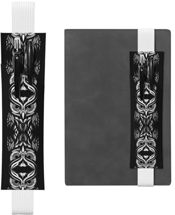 LLKGOT Stifthalter aus Leder, Lesezeichen, Eule, Linienzeichnung, Druck für Hardcover-Tagebücher, Tagebücher, Planer, verstellbarer Riemen