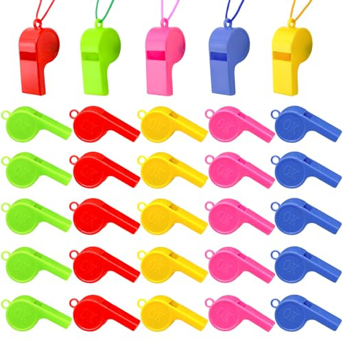 100 silbatos de plástico para niños, 5 colores, silbatos deportivos con correa, silbato colorido de plástico para árbitro deportivo, para deportes escolares, fútbol, entrenamiento de perros, educación