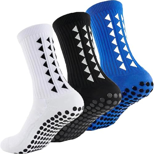 QUPOLPOL Calcetines de fútbol antideslizantes para hombre – agarre grip en suela, malla transpirable, soporte arco y puño alto elástico – ideales para partidos, entrenamiento y uso diario, 3 Pares