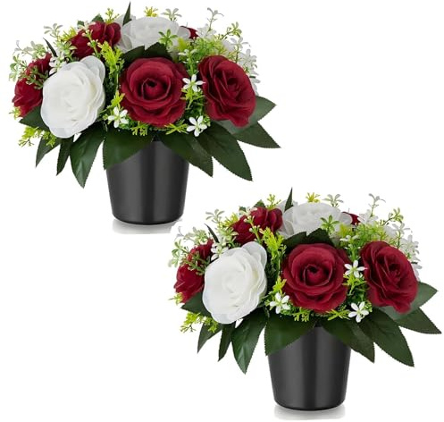 2 Pcs Grabgestecke Set, Grabgestecke Künstlich, Künstliche Blumengestecke Für Friedhof, Grabdekoration Aus Kunstblumen Wie Echt, Pflegeleicht Langlebig, Grabschmuck F Ür Draußen in Elegantem Design