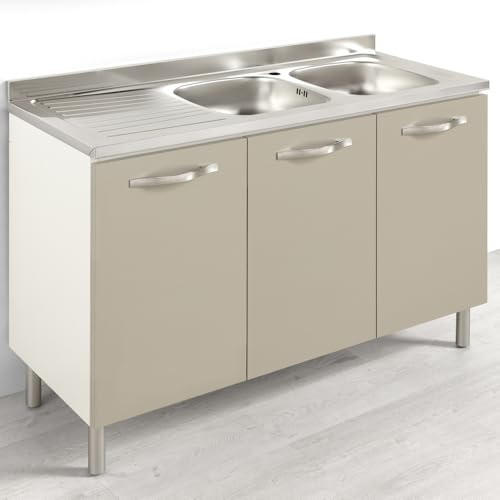REDÒKASA Sotto lavello per cucina componibile da 120 cm con 3 ante linea MAKA, realizzata in legno 100% MADE IN ITALY (Senza Lavello Senza Lavello Vasche a Destra, Tortora)